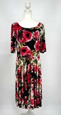 Marc Bouwer Unlimited Dress L Black Red Rose Floral Jersey Fit Flare Midi